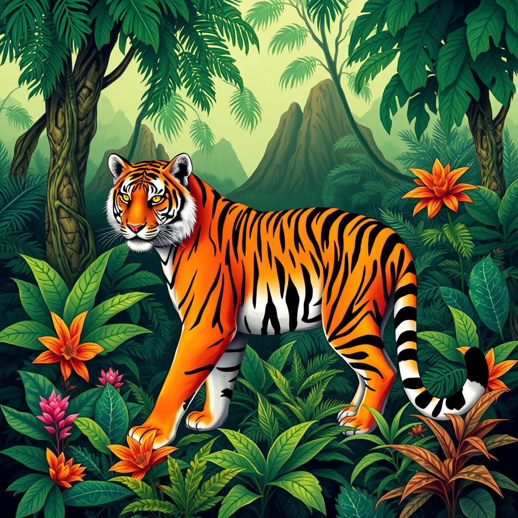 A captivating book cover illustration featuring a powerful Sumatran tiger (Panthera tigris sumatrae) in an elegant pose, set against a backdrop of a vibrant tropical rainforest