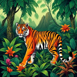 A captivating book cover illustration featuring a powerful Sumatran tiger (Panthera tigris sumatrae) in an elegant pose, set against a backdrop of a vibrant tropical rainforest