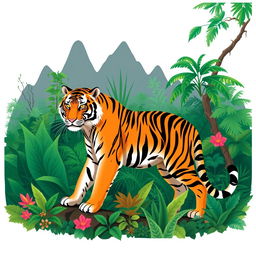 A captivating book cover illustration featuring a powerful Sumatran tiger (Panthera tigris sumatrae) in an elegant pose, set against a backdrop of a vibrant tropical rainforest