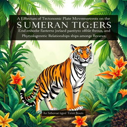 A captivating book cover illustration featuring a powerful Sumatran tiger (Panthera tigris sumatrae) in an elegant pose, set against a backdrop of a vibrant tropical rainforest