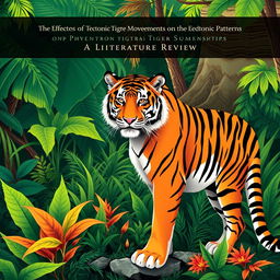 A captivating book cover illustration featuring a powerful Sumatran tiger (Panthera tigris sumatrae) in an elegant pose, set against a backdrop of a vibrant tropical rainforest
