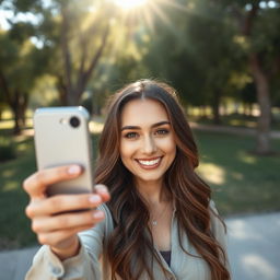 A woman taking a selfie in a natural setting, smiling and posing with a casual expression