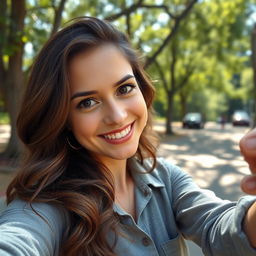 A woman taking a selfie in a natural setting, smiling and posing with a casual expression