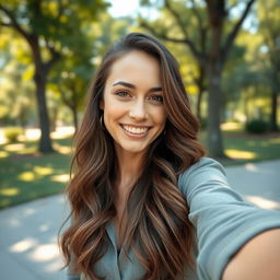 A woman taking a selfie in a natural setting, smiling and posing with a casual expression