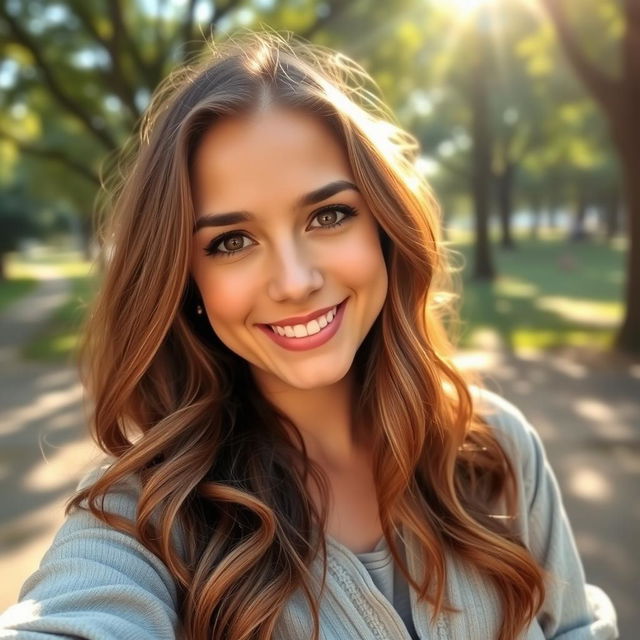 A woman taking a selfie in a natural setting, smiling and posing with a casual expression