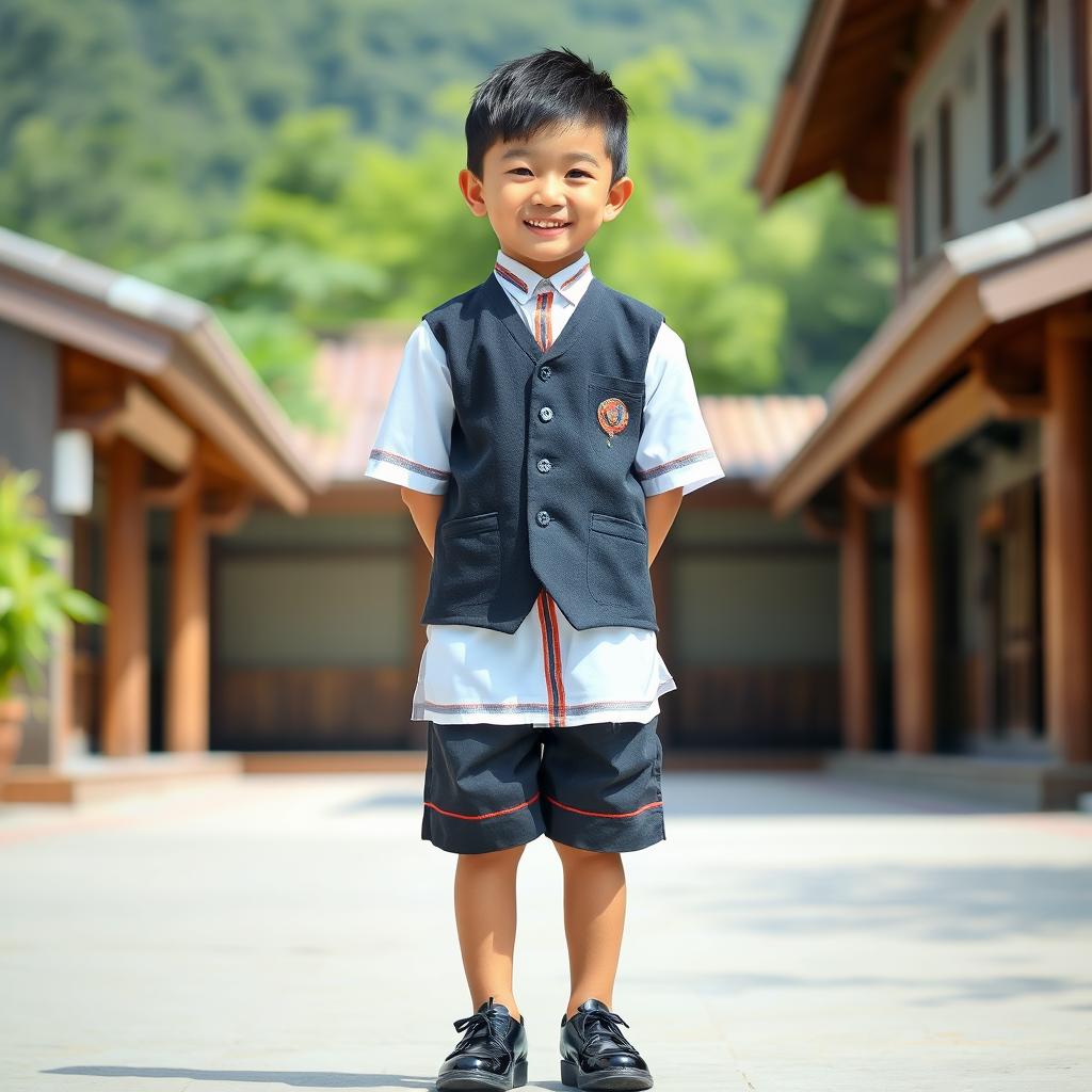 A young schoolboy wearing traditional attire, standing proudly