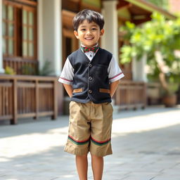 A young schoolboy wearing traditional attire, standing proudly