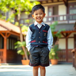 A young schoolboy wearing traditional attire, standing proudly