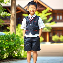 A young schoolboy wearing traditional attire, standing proudly