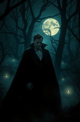 A mysterious vampire lurking in the shadows of a dark, dense forest