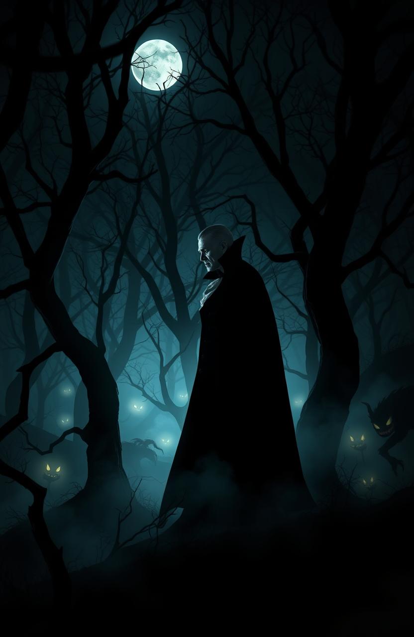 A mysterious vampire lurking in the shadows of a dark, dense forest