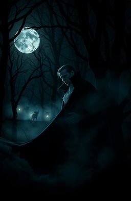 A mysterious vampire lurking in the shadows of a dark, dense forest
