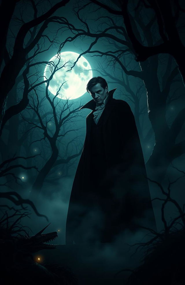 A mysterious vampire lurking in the shadows of a dark, dense forest