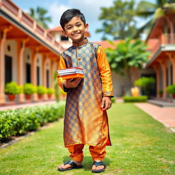 An Indian schoolboy wearing traditional attire, standing confidently