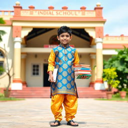 An Indian schoolboy wearing traditional attire, standing confidently