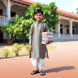 An Indian schoolboy wearing traditional attire, standing confidently