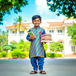 An Indian schoolboy wearing traditional attire, standing confidently