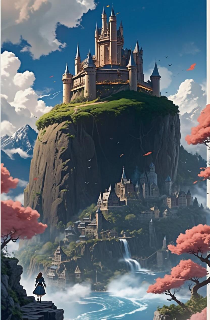 A captivating illustration featuring a grand castle perched on a towering cliff, with a charming town nestled at the mountain's base