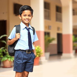 An Indian schoolboy in a crisp and neat school uniform, standing confidently