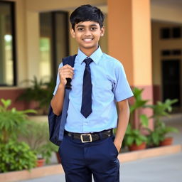 An Indian schoolboy in a crisp and neat school uniform, standing confidently