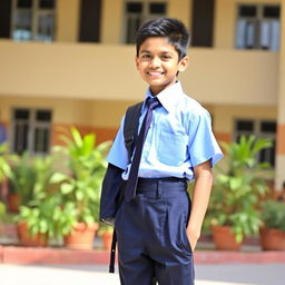 An Indian schoolboy in a crisp and neat school uniform, standing confidently