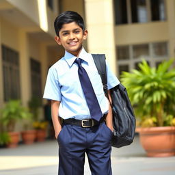 An Indian schoolboy in a crisp and neat school uniform, standing confidently