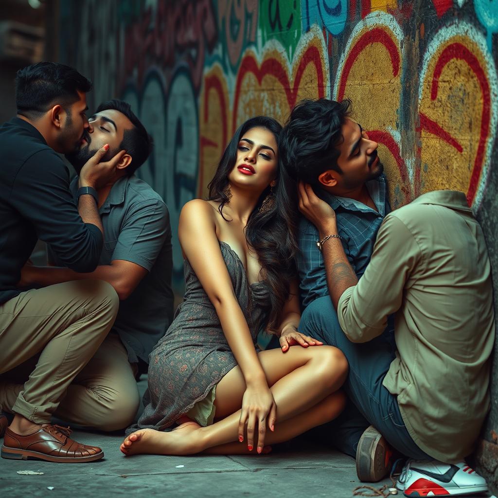 A sensual scene set in a slum: a Pakistani woman, exuding allure, is leaning against a graffiti-covered wall, sitting on the floor