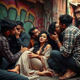 A sensual scene set in a slum: a Pakistani woman, exuding allure, is leaning against a graffiti-covered wall, sitting on the floor