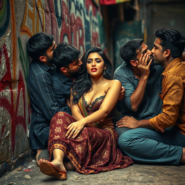 A sensual scene set in a slum: a Pakistani woman, exuding allure, is leaning against a graffiti-covered wall, sitting on the floor