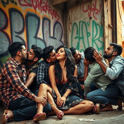 A sensual scene set in a slum: a Pakistani woman, exuding allure, is leaning against a graffiti-covered wall, sitting on the floor