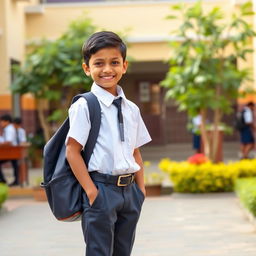 An Indian schoolboy in a smart and tidy school uniform, standing with a cheerful demeanor