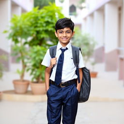 An Indian schoolboy in a smart and tidy school uniform, standing with a cheerful demeanor