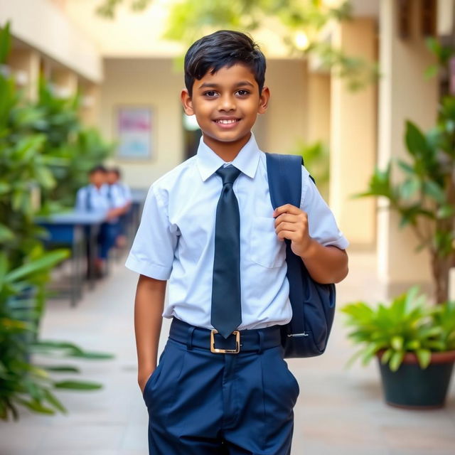 An Indian schoolboy in a smart and tidy school uniform, standing with a cheerful demeanor