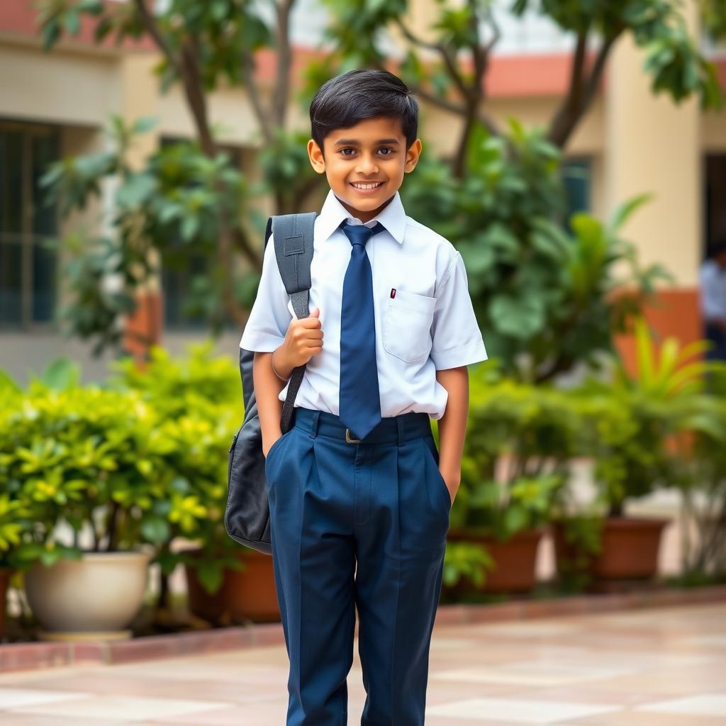 An Indian schoolboy in a smart and tidy school uniform, standing with a cheerful demeanor