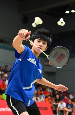 A high school boy in a competitive badminton tournament, captured mid-action as he performs a powerful smash