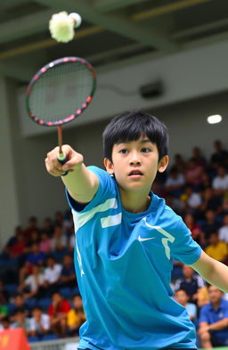 A high school boy in a competitive badminton tournament, captured mid-action as he performs a powerful smash