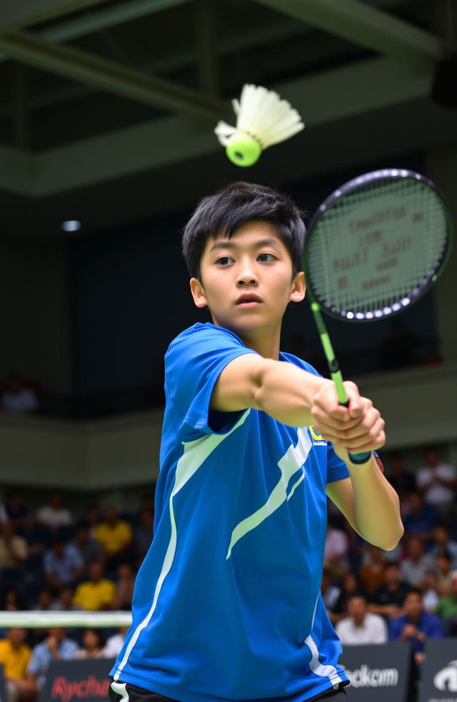 A high school boy in a competitive badminton tournament, captured mid-action as he performs a powerful smash