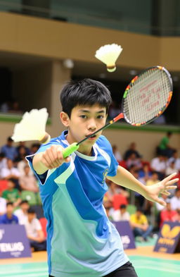 A high school boy in a competitive badminton tournament, captured mid-action as he performs a powerful smash