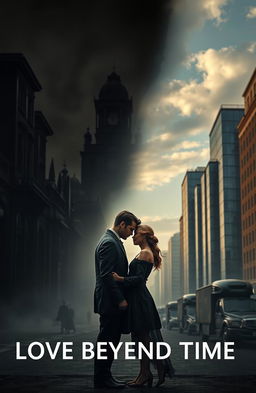 A captivating and emotional scene titled 'Love Beyond Time', set against a dual background of Nazi Germany and present-day landscapes