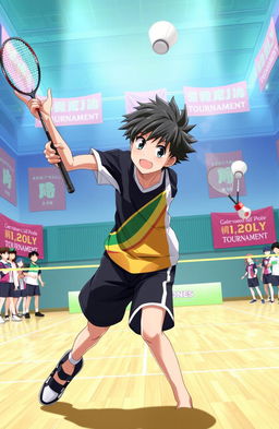 A high school anime boy energetically participating in a badminton tournament, showcasing his athleticism and determination