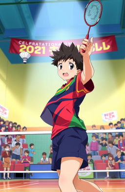 A high school anime boy energetically participating in a badminton tournament, showcasing his athleticism and determination