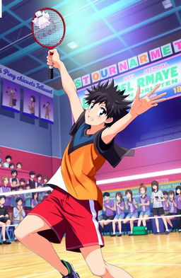 A high school anime boy energetically participating in a badminton tournament, showcasing his athleticism and determination