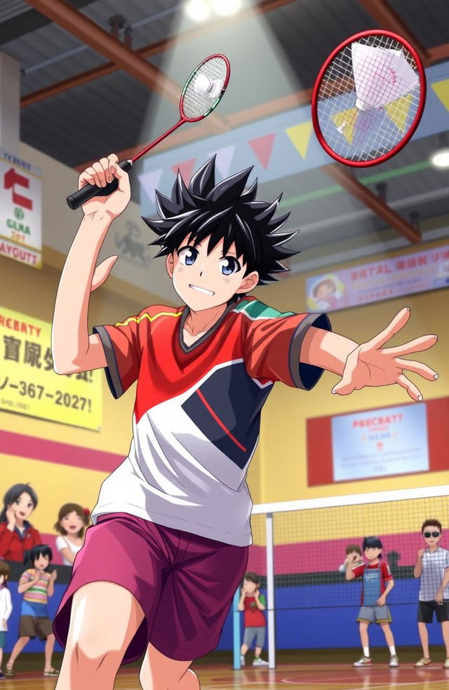 A high school anime boy energetically participating in a badminton tournament, showcasing his athleticism and determination