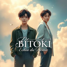 A captivating book cover for a fictional novel titled 'BITOKI: Échos du Destin' featuring Jungkook and Jimin from BTS