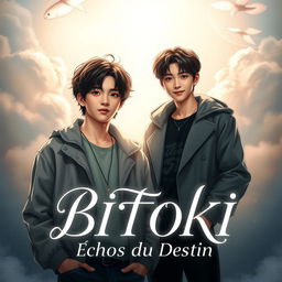 A captivating book cover for a fictional novel titled 'BITOKI: Échos du Destin' featuring Jungkook and Jimin from BTS