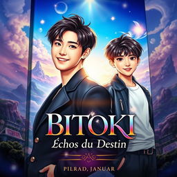 A captivating book cover for a fictional novel titled 'BITOKI : Échos du Destin' featuring Jungkook and Jimin of BTS