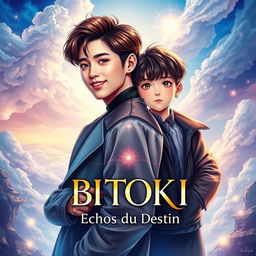 A captivating book cover for a fictional novel titled 'BITOKI : Échos du Destin' featuring Jungkook and Jimin of BTS