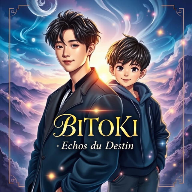 A captivating book cover for a fictional novel titled 'BITOKI : Échos du Destin' featuring Jungkook and Jimin of BTS