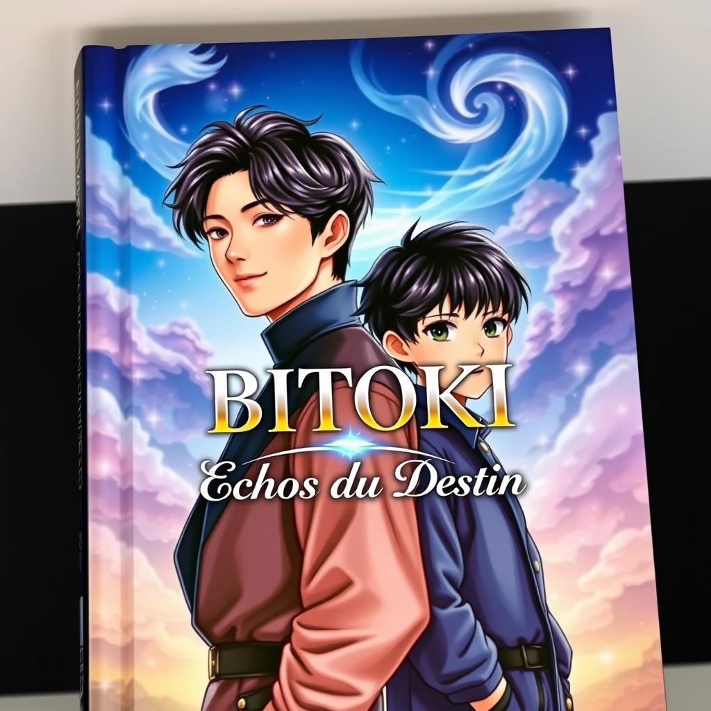 A captivating book cover for a fictional novel titled 'BITOKI : Échos du Destin' featuring Jungkook and Jimin of BTS