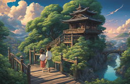 Detailed Spirited Away poster in Studio Ghibli style featuring Chihiro and Haku on a bridge leading to an intricately detailed bathhouse surrounded by lush greenery under a twilight sky